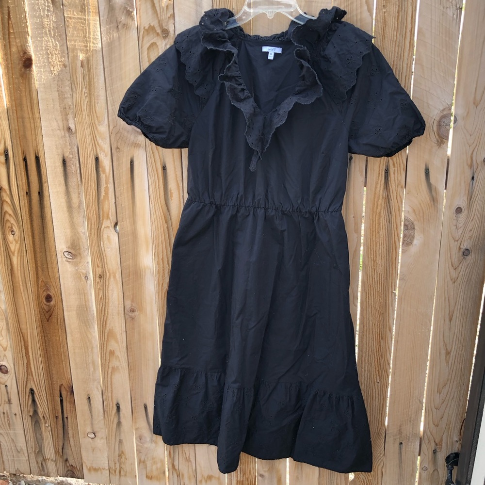 ❌The GET Womens Black Eyelet Puff-Sleeve Ruffle Neckline Dress Cotton  Medium